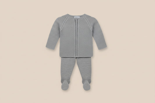 Baby two-piece outfit includes seamless knitted sweater with leggings