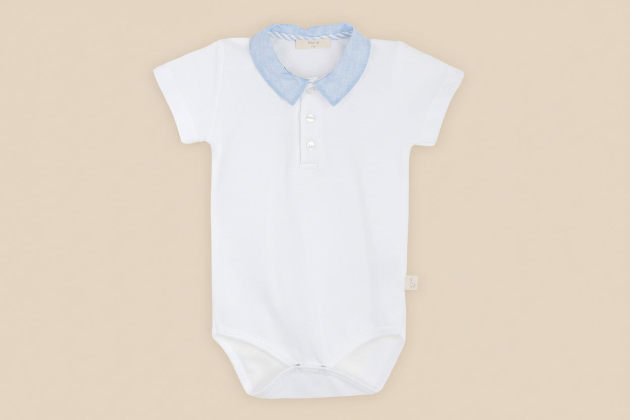 Romper polo wit met short linnen blauw - Baby Gi